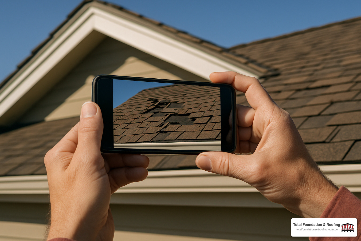 person taking photos of roof damage with smartphone - emergency roof leak fix