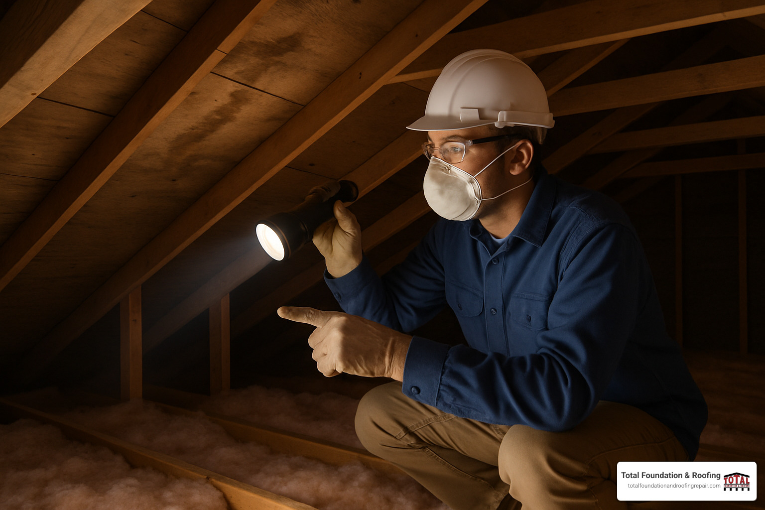 homeowner safely inspecting attic with flashlight - emergency roof leak fix