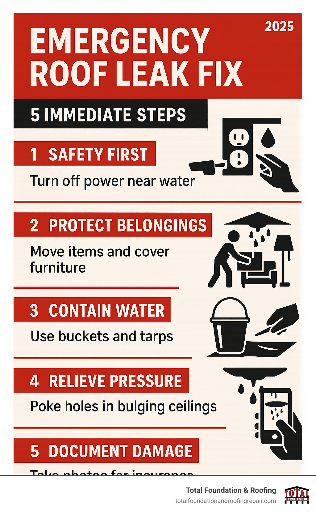 Infographic showing 5 immediate steps for emergency roof leak response: 1. Safety first - turn off power near water, 2. Protect belongings - move items and cover furniture, 3. Contain water - use buckets and tarps, 4. Relieve pressure - poke holes in bulging ceilings, 5. Document damage - take photos for insurance - emergency roof leak fix infographic 