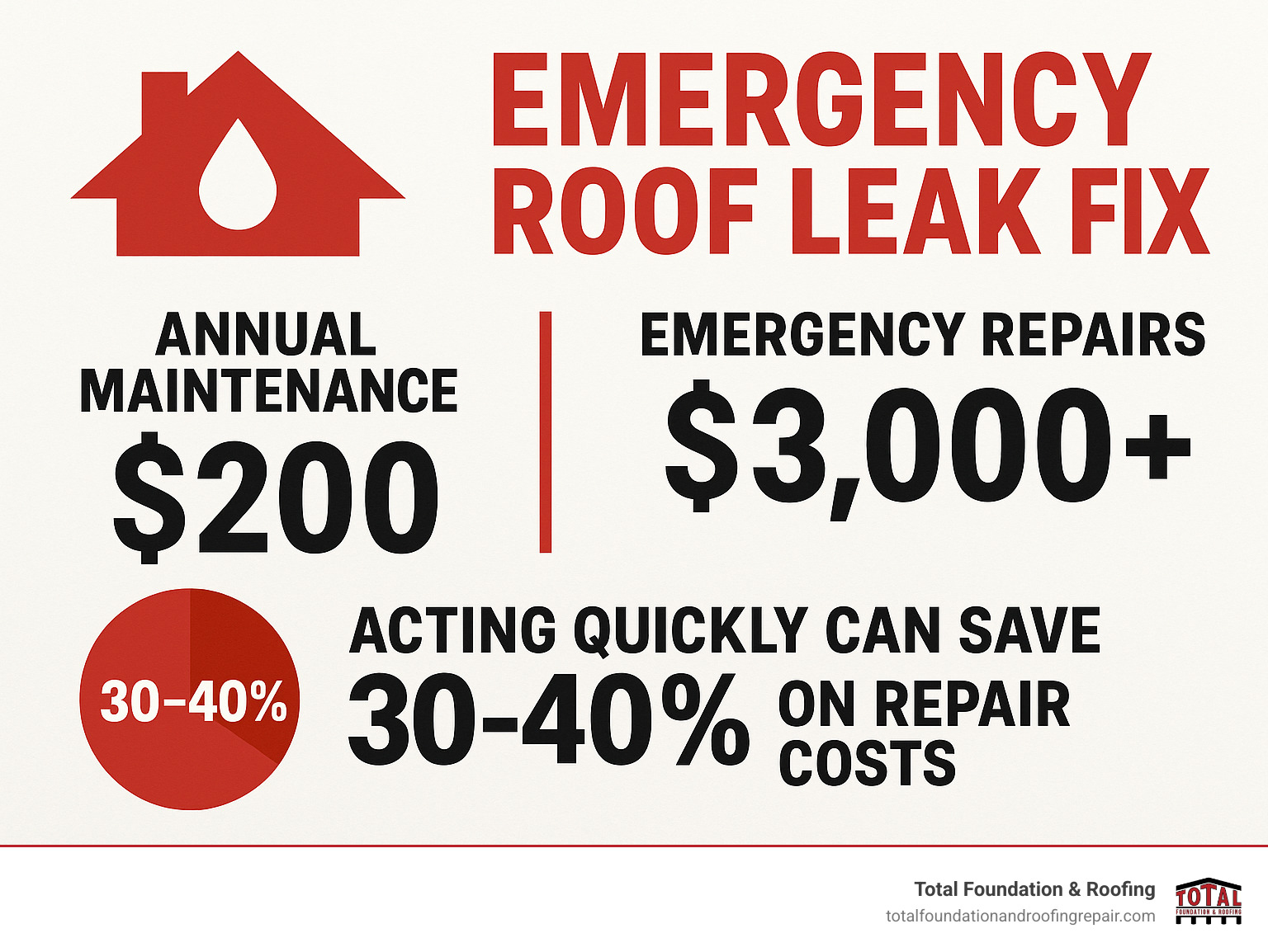 Infographic showing cost comparison: Annual maintenance $200 vs Emergency repairs $3,000+, with statistics on how acting quickly saves 30-40% on repair costs - emergency roof leak fix infographic 