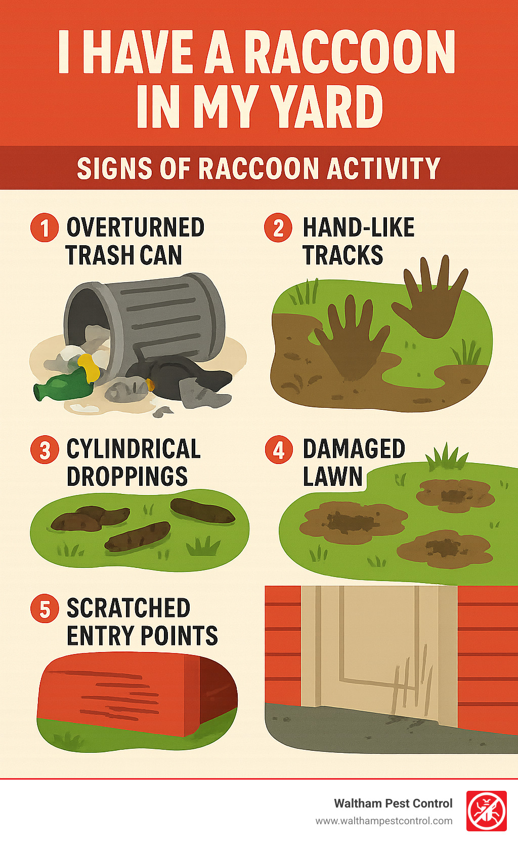 Infographic showing the top 5 signs of raccoon activity in a yard: overturned trash cans with scattered garbage, hand-like tracks in mud or soft soil, cylindrical droppings near feeding areas, damaged lawn sections from grub hunting, and scratched or damaged entry points on buildings - i have a raccoon in my yard infographic 