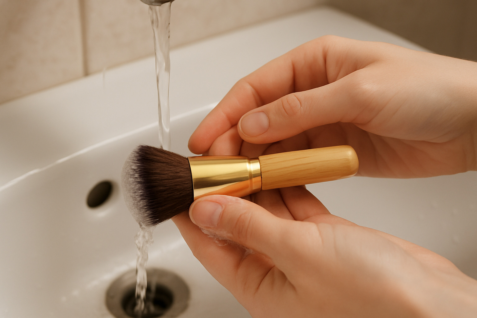 hands gently washing a bamboo makeup brush - Bamboo makeup brush set