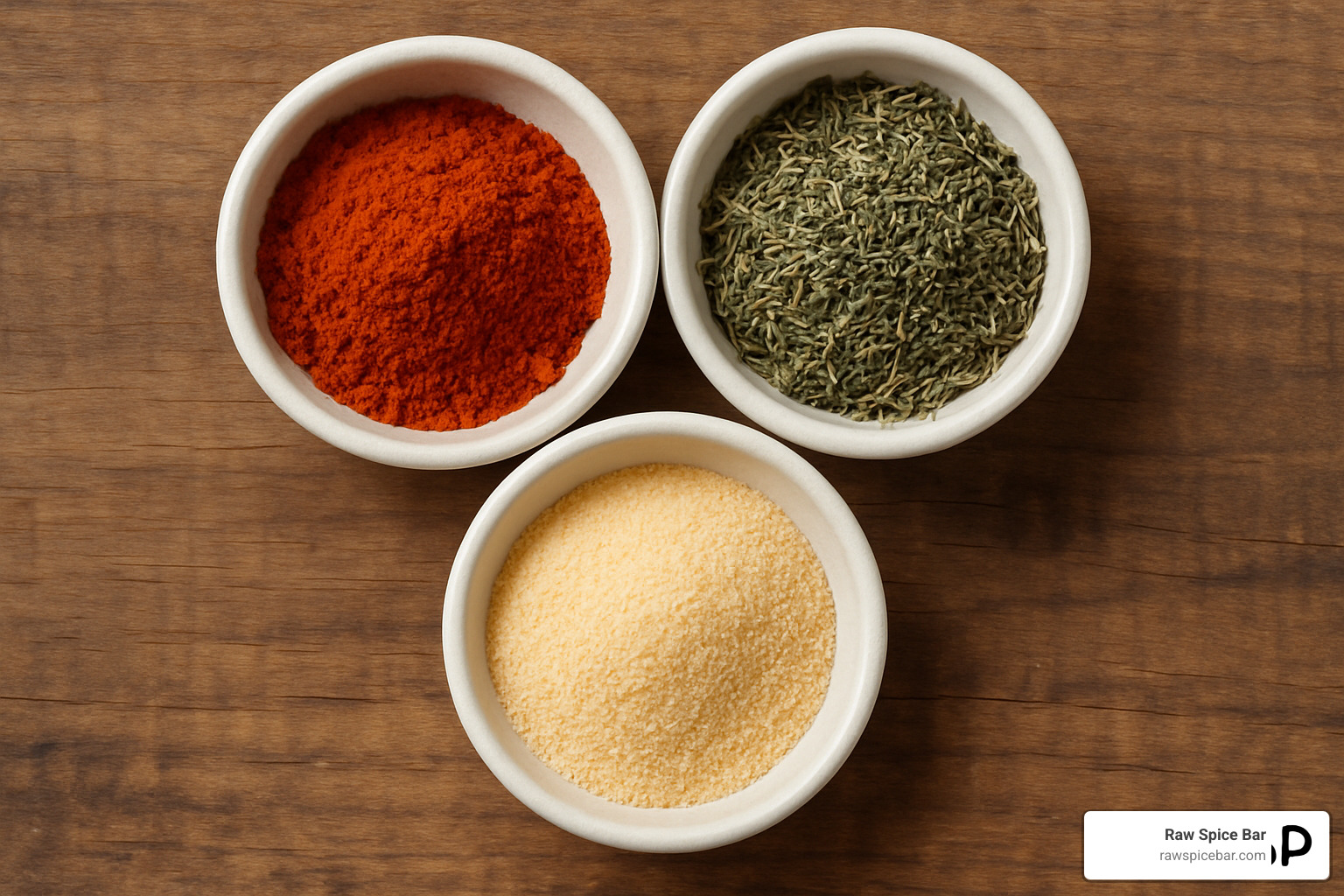 Individual spices like paprika, thyme, and garlic powder in small bowls - Low sodium poultry seasoning