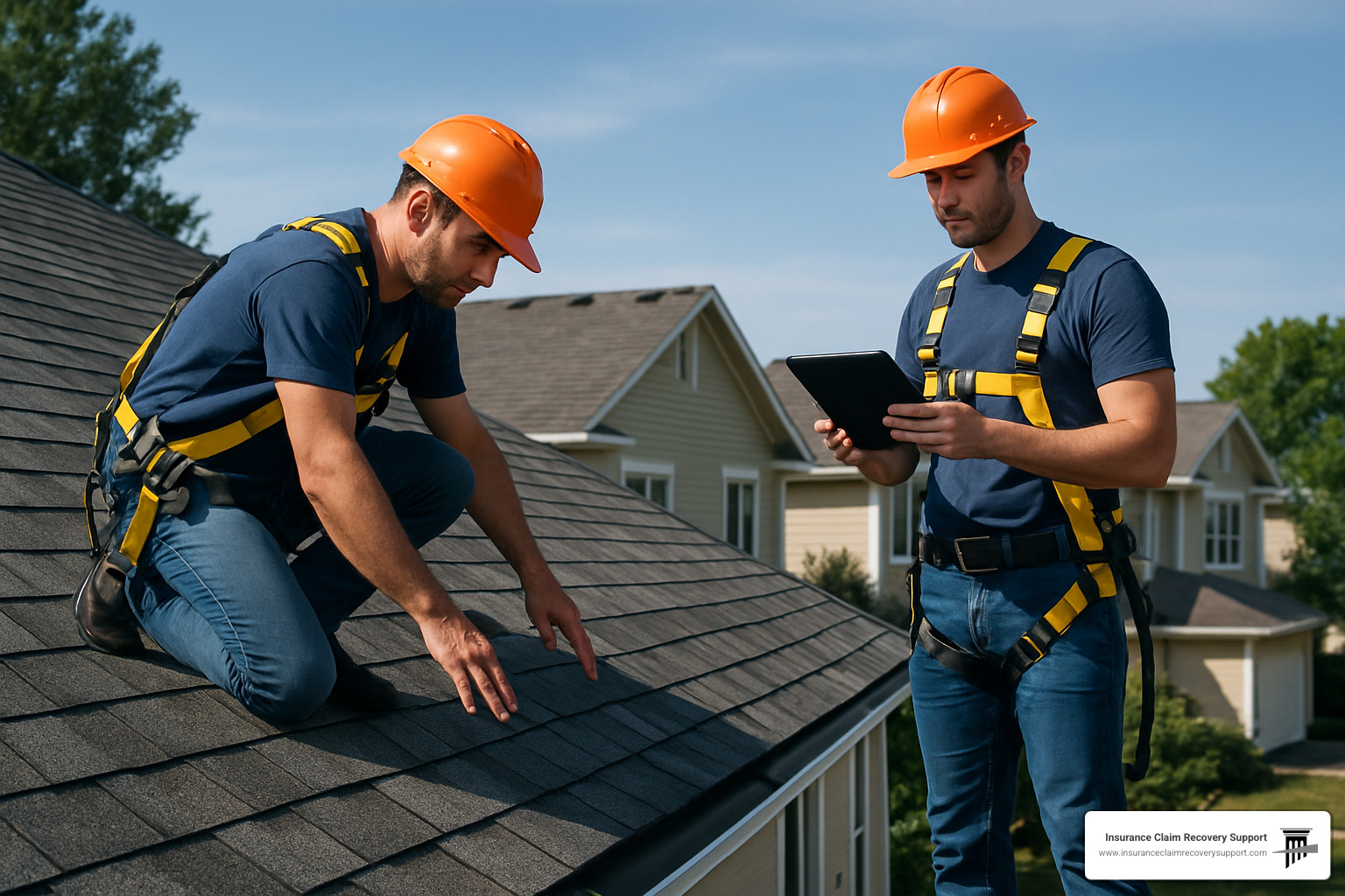 Preventive roof inspection being conducted by maintenance staff with safety equipment and documentation - Homeowner Association Property Damage Insurance Claims