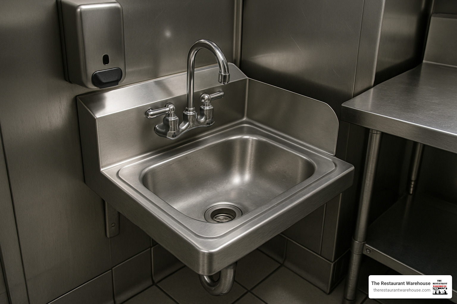 compact stainless steel wall-mounted sink in small commercial kitchen - catering hand wash sink