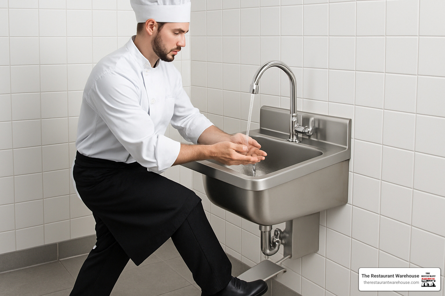 chef using knee-pedal operated sink showing hands-free operation - catering hand wash sink