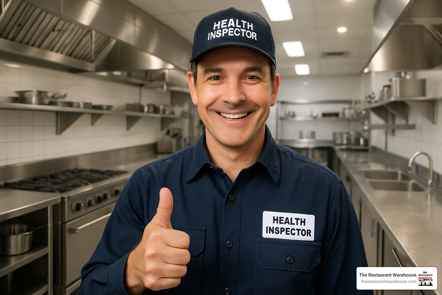 health inspector giving thumbs up in clean commercial kitchen - catering hand wash sink