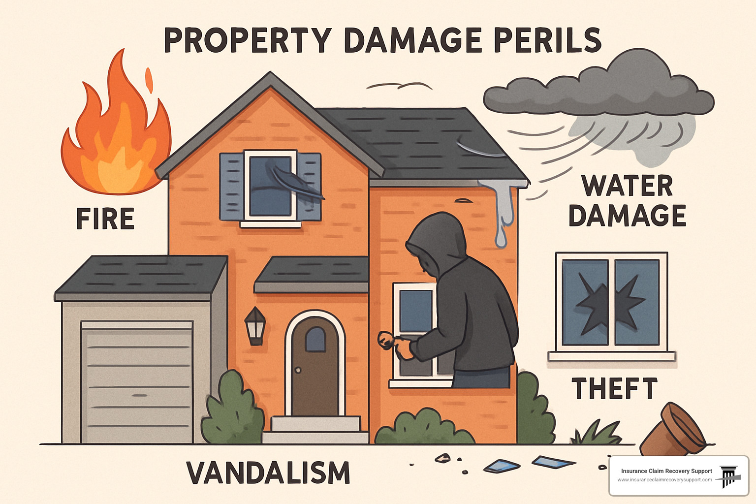 Common property damage perils affecting HOA properties including fire, wind, water, vandalism, and theft - Homeowner Association Property Damage Insurance Claims