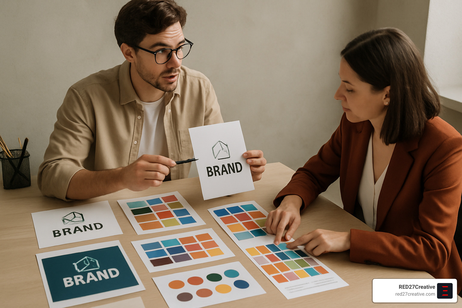 St. Charles IL Graphic Design Guide: Pixel Perfect Solutions Await! • graphic design St. Charles IL • RED27Creative Designer collaborating with a client over a table covered with design mockups, color swatches, and brand materials - graphic design St. Charles IL