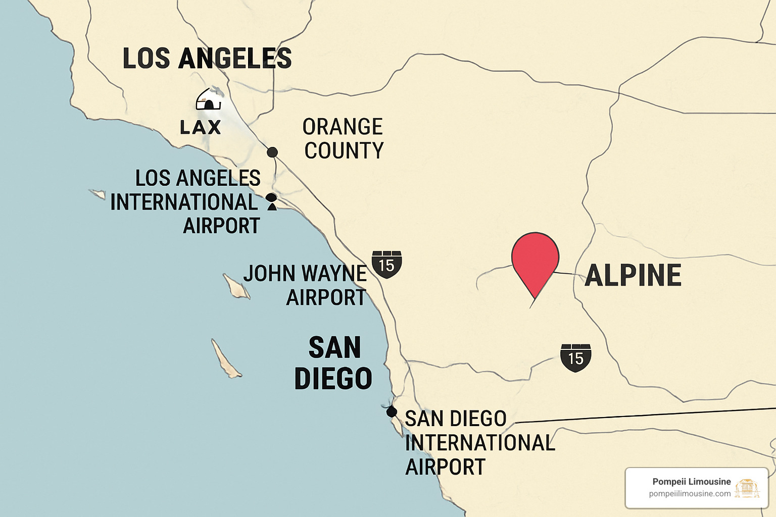 map highlighting Alpine and its proximity to San Diego and major airports - chauffeur alpine california
