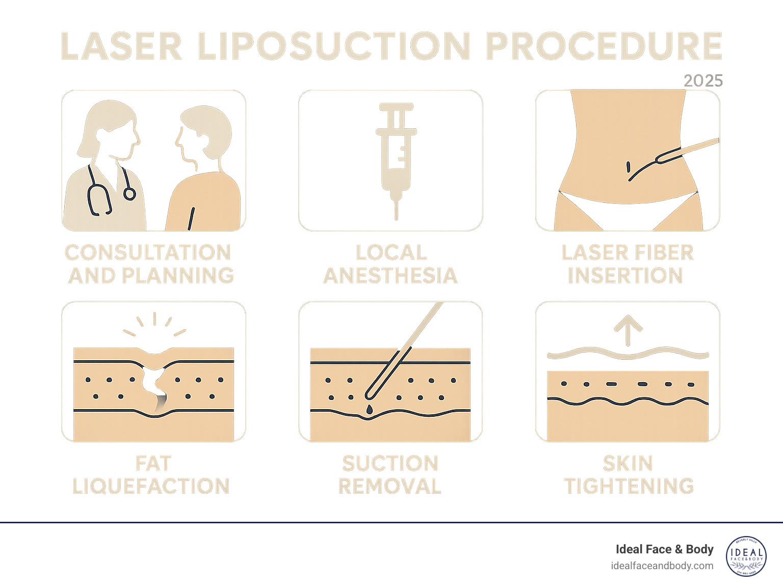 Infographic showing laser liposuction procedure steps: consultation and planning, local anesthesia administration, laser fiber insertion through small incision, fat liquefaction using laser energy, gentle suction removal of liquefied fat, and skin tightening through collagen stimulation - laser fat removal cost infographic 