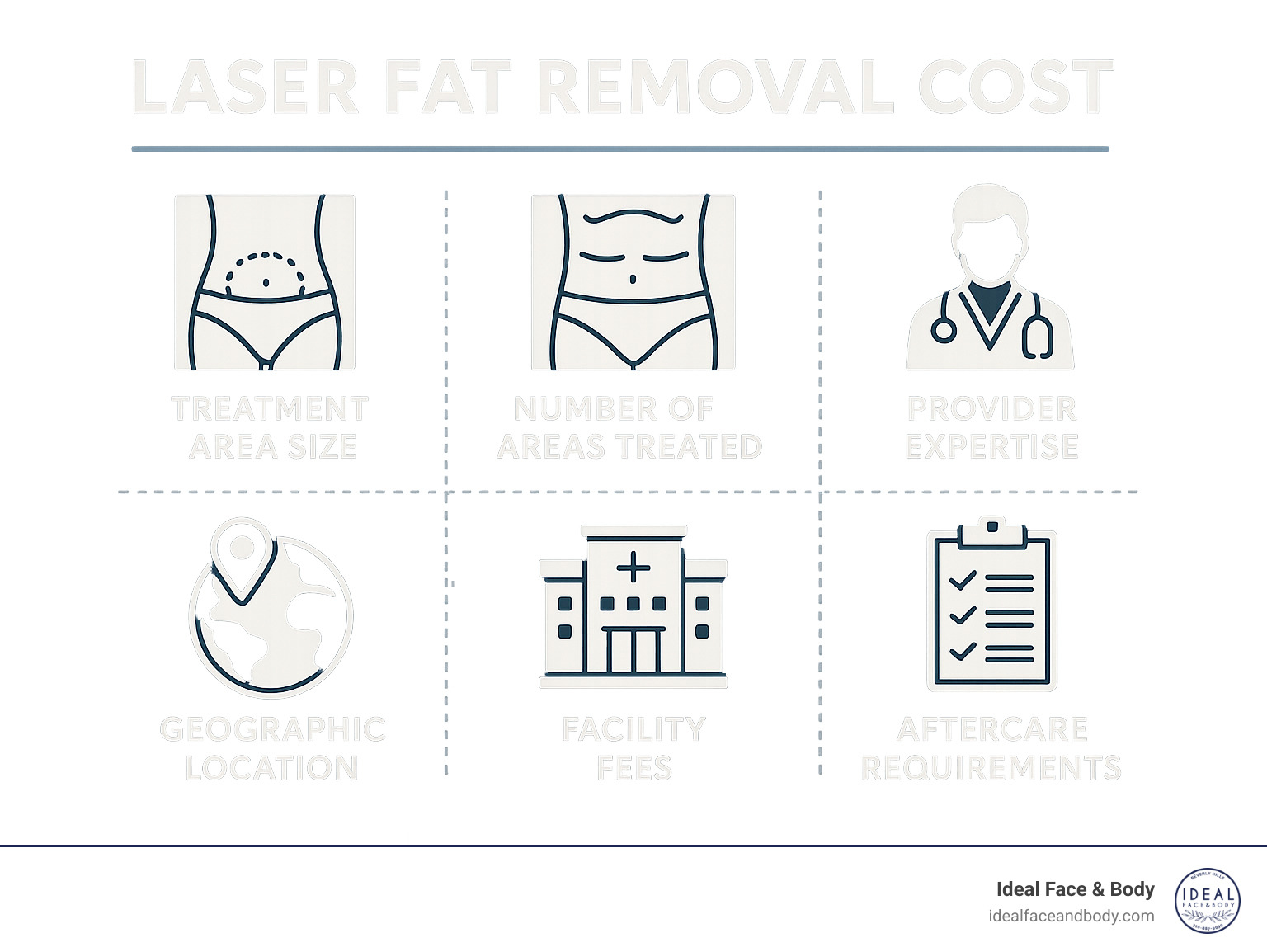Infographic showing factors affecting laser fat removal cost: treatment area size, number of areas treated, provider expertise, geographic location, facility fees, anesthesia type, and aftercare requirements - laser fat removal cost infographic 