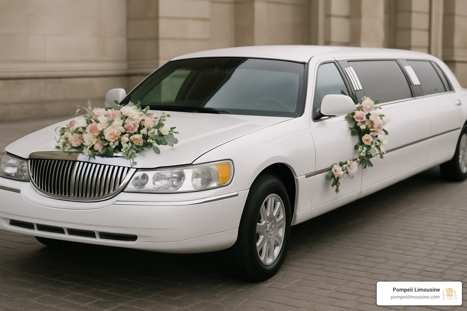 white stretch limousine decorated for a wedding - chauffeur alpine california
