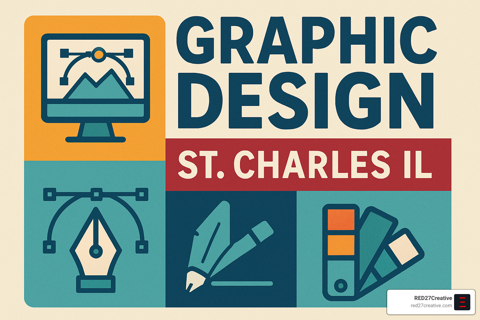 St. Charles IL Graphic Design Guide: Pixel Perfect Solutions Await! • graphic design St. Charles IL • RED27Creative Showcase of various design work including logos, website mockups, and printed materials spread across a designer's desk - graphic design St. Charles IL