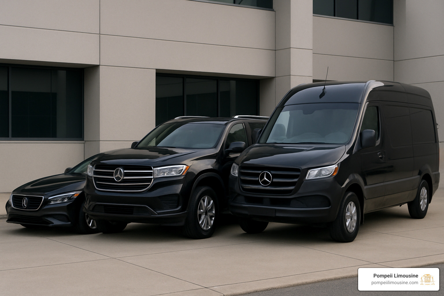 diverse fleet of luxury vehicles including a sedan, SUV, and Sprinter van - chauffeur alpine california