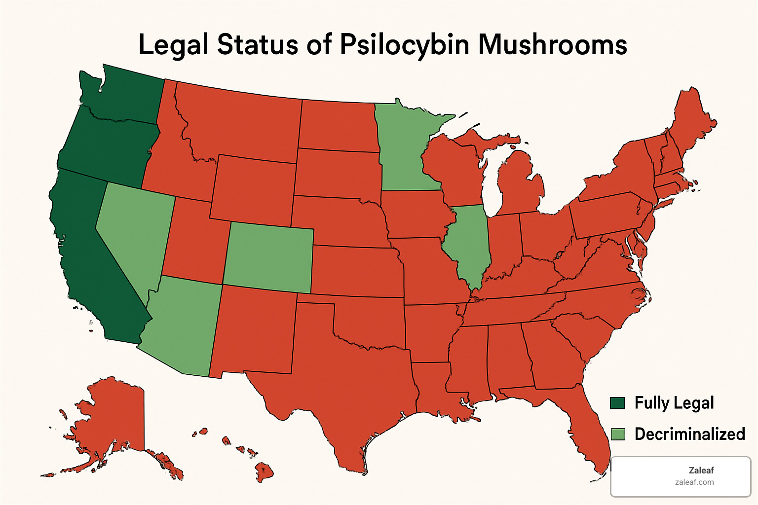 map of the USA highlighting states with decriminalization or legalization policies - buy psilocybin mushrooms