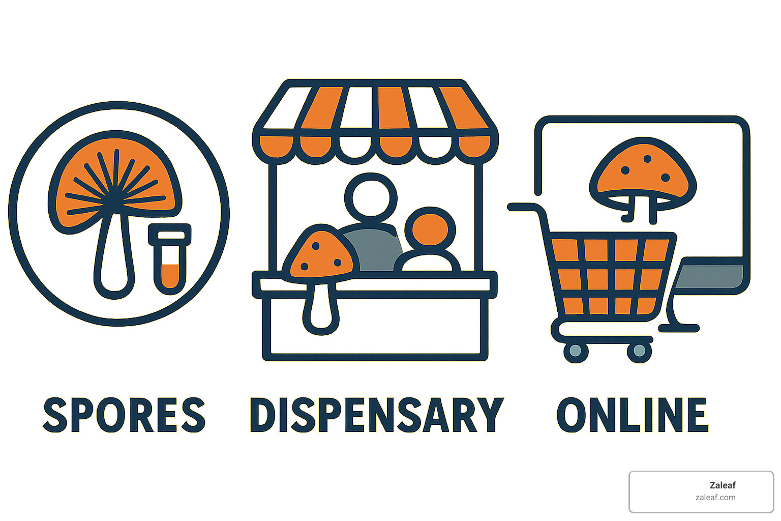 stylized graphic showing different methods of acquisition (spores, dispensary, online) - buy psilocybin mushrooms