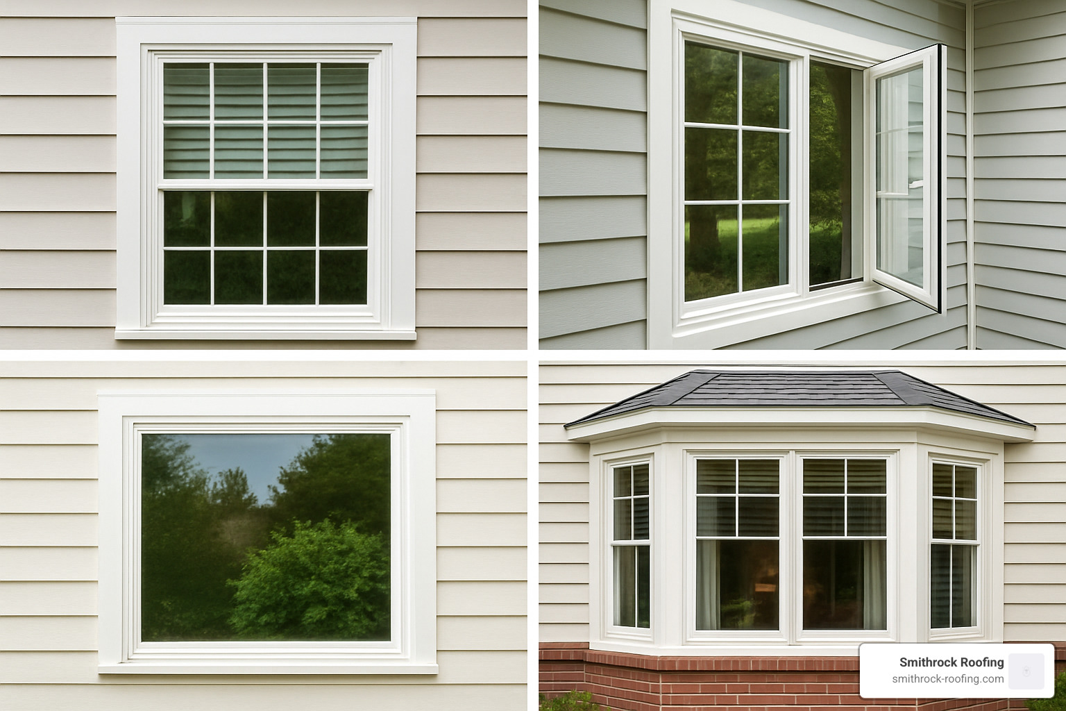 Collage showing different window styles like double-hung, casement, and bay windows - window replacement service winston salem nc