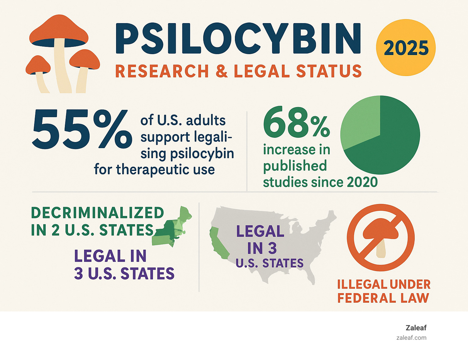 Infographic showing statistics on psilocybin research and legal status - buy psilocybin mushrooms infographic 