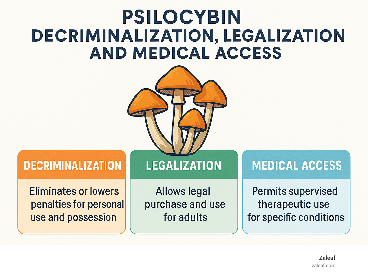 Infographic explaining the difference between decriminalization, legalization, and medical access for psilocybin. - buy psilocybin mushrooms infographic 