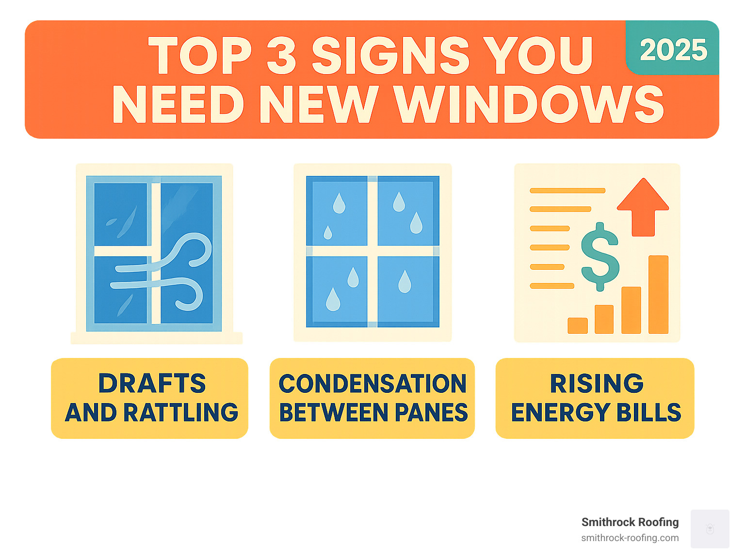 Infographic showing top 3 signs you need new windows: drafts and rattling, condensation between panes, and rising energy bills - window replacement service winston salem nc infographic 