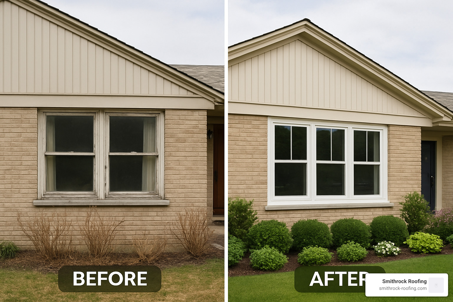 Before and after home exterior showing the impact of new windows - window replacement service winston salem nc