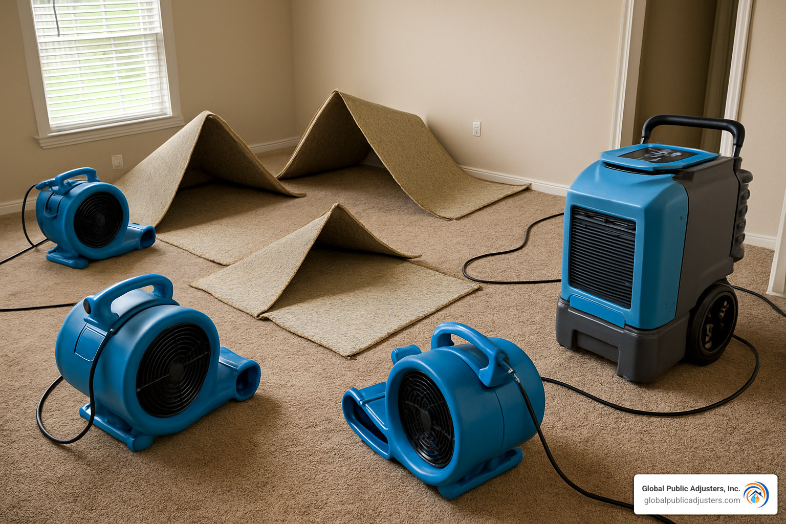 high-powered fans and a dehumidifier running in a room with the carpet lifted - carpet flooding clean up