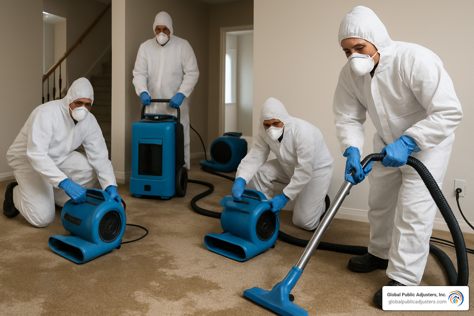 professional water restoration team using specialized equipment - carpet flooding clean up
