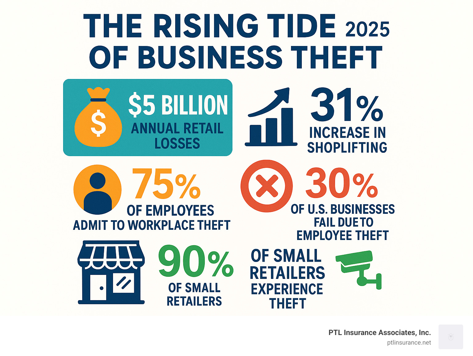 Infographic showing business theft statistics: $5 billion annual retail losses, 31% increase in shoplifting, 75% of employees admit to workplace theft, 30% of US businesses fail due to employee theft, and 90% of small retailers experience theft - business theft insurance infographic 