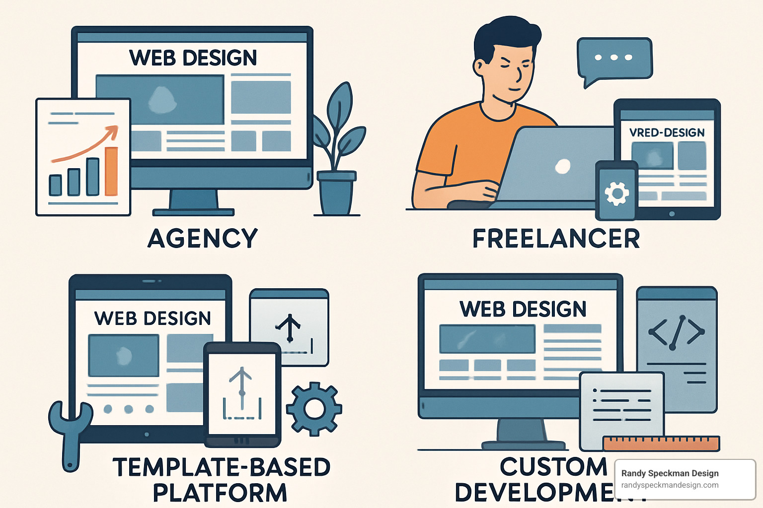 Collage showing different types of web design providers and their offerings - affordable web design solutions