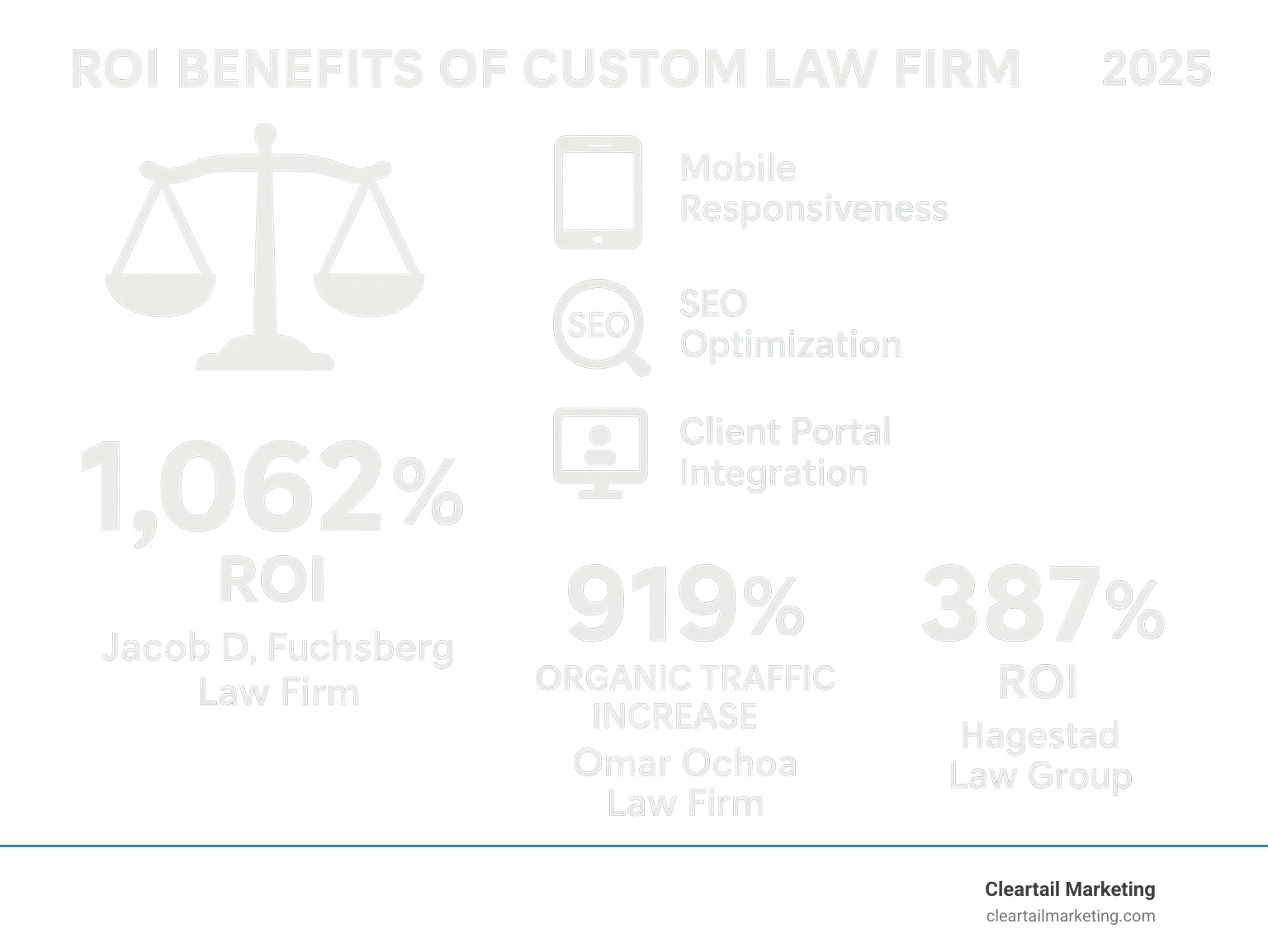 Infographic showing the ROI benefits of custom law firm websites including 1,062% ROI for Jacob D. Fuchsberg Law Firm, 919% organic traffic increase for Omar Ochoa Law Firm, and 387% ROI for Hagestad Law Group with key features like mobile responsiveness, SEO optimization, and client portal integration - Custom law firm websites infographic 