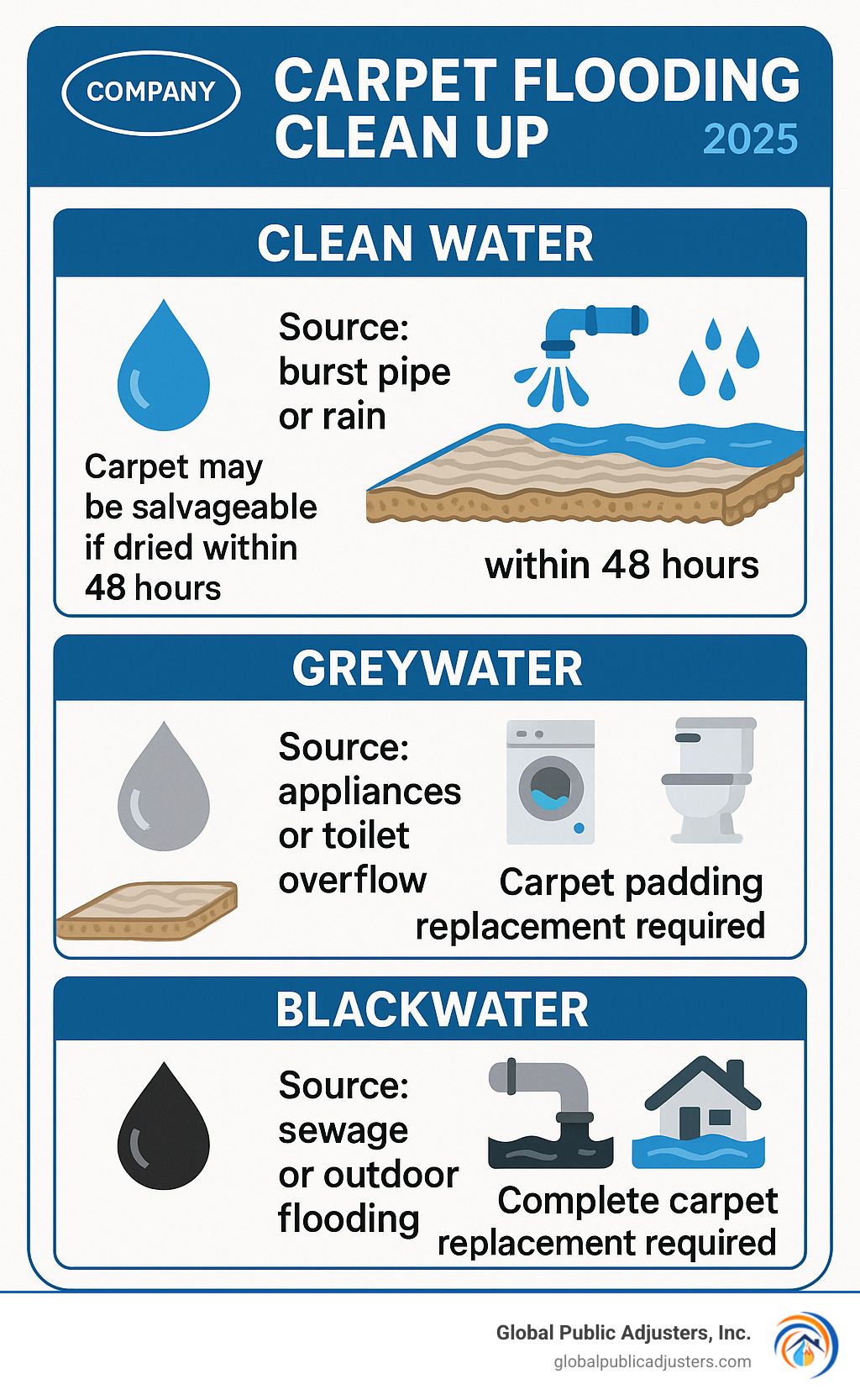 Infographic showing the 3 categories of water damage for carpet flooding clean up: Category 1 Clean Water from burst pipes or rain with carpet potentially salvageable if dried within 48 hours, Category 2 Greywater from appliances or toilet overflow requiring carpet padding replacement, and Category 3 Blackwater from sewage or outdoor flooding requiring complete carpet replacement - carpet flooding clean up infographic 