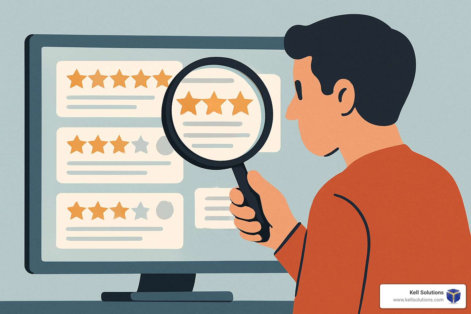 person using magnifying glass to examine online reviews on computer screen - the most efficient marketing strategies to repair bad reputation