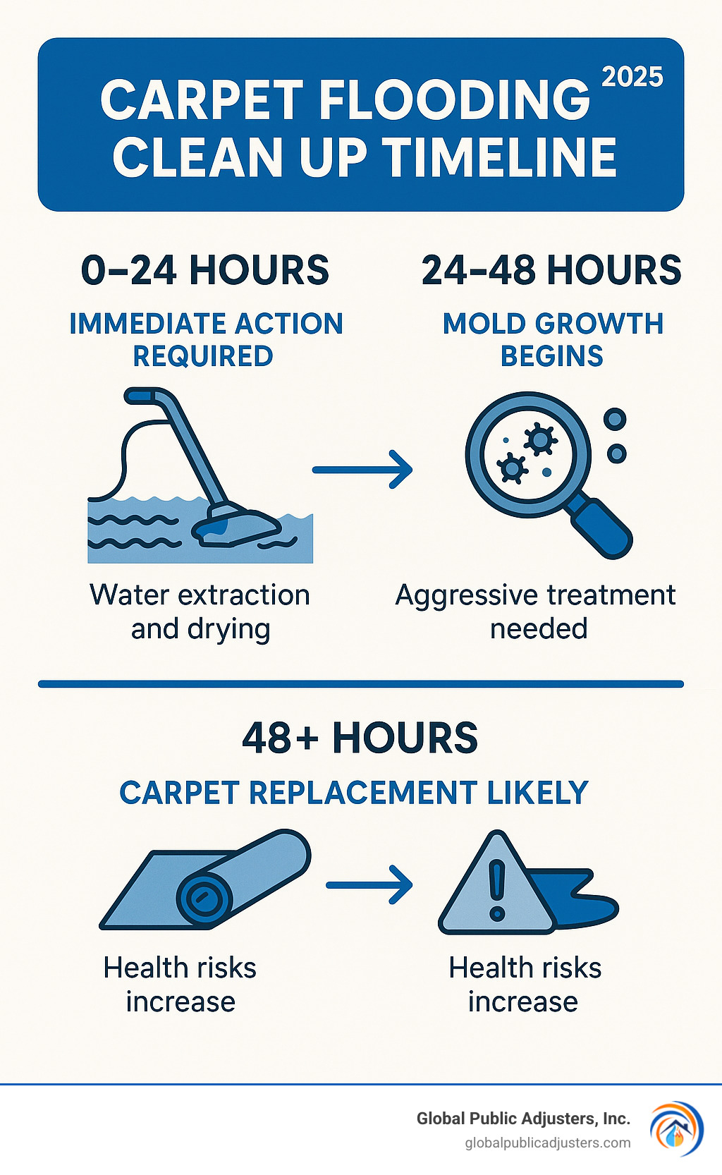 Infographic showing carpet flooding clean up timeline: 0-24 hours shows immediate action required with water extraction and drying, 24-48 hours shows mold growth begins requiring aggressive treatment, 48+ hours shows likely carpet replacement needed with health risks increasing - carpet flooding clean up infographic 