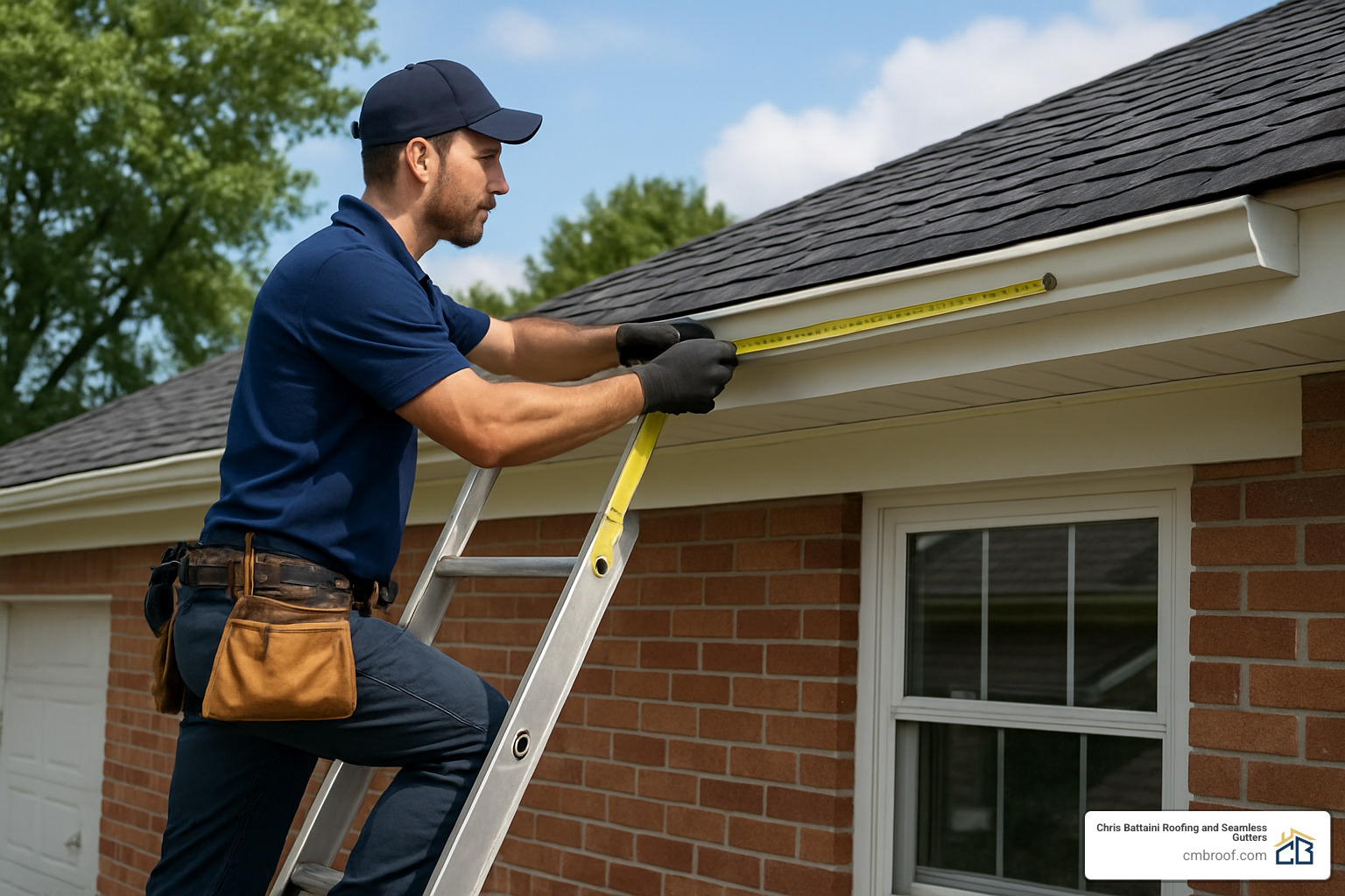 professional measuring roofline with tape measure - how are seamless gutters installed