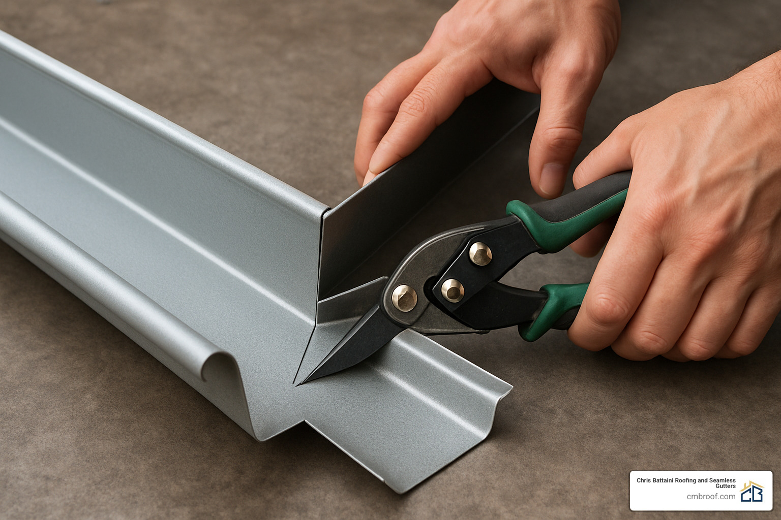 installer cutting precise miter joint for corner - how are seamless gutters installed