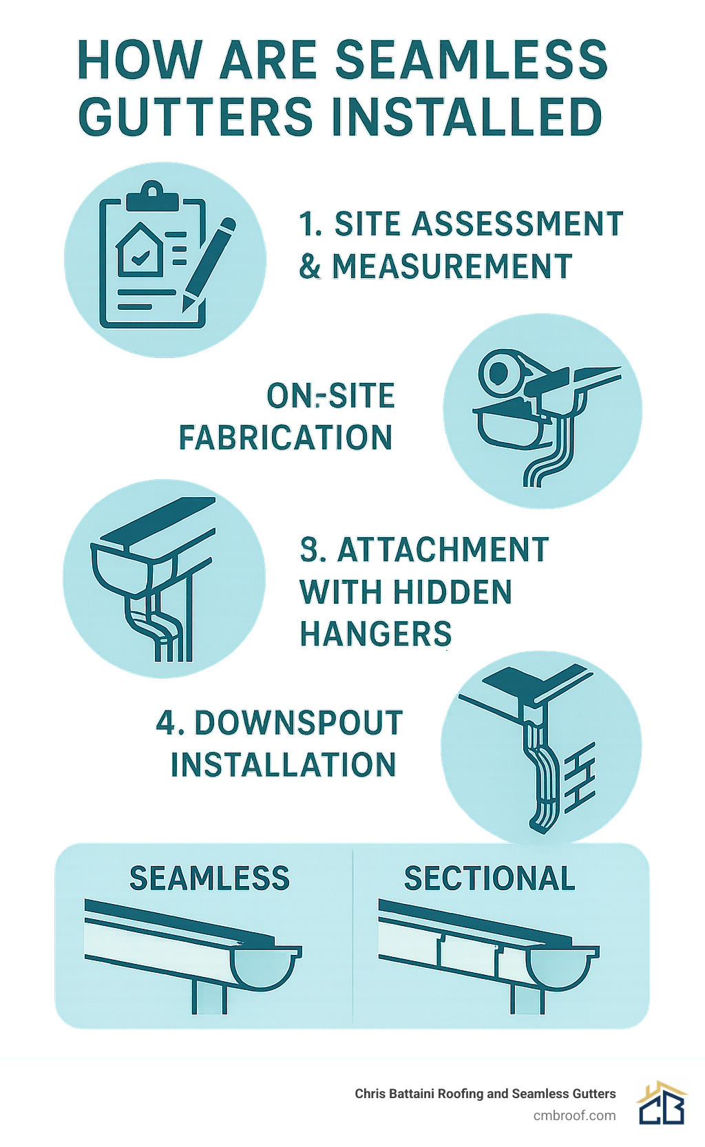 Detailed infographic showing the step-by-step seamless gutter installation process, from initial site assessment and measurement through on-site fabrication with a gutter machine, to final attachment with hidden hangers and downspout installation, highlighting the differences between seamless and sectional gutter systems - how are seamless gutters installed infographic 