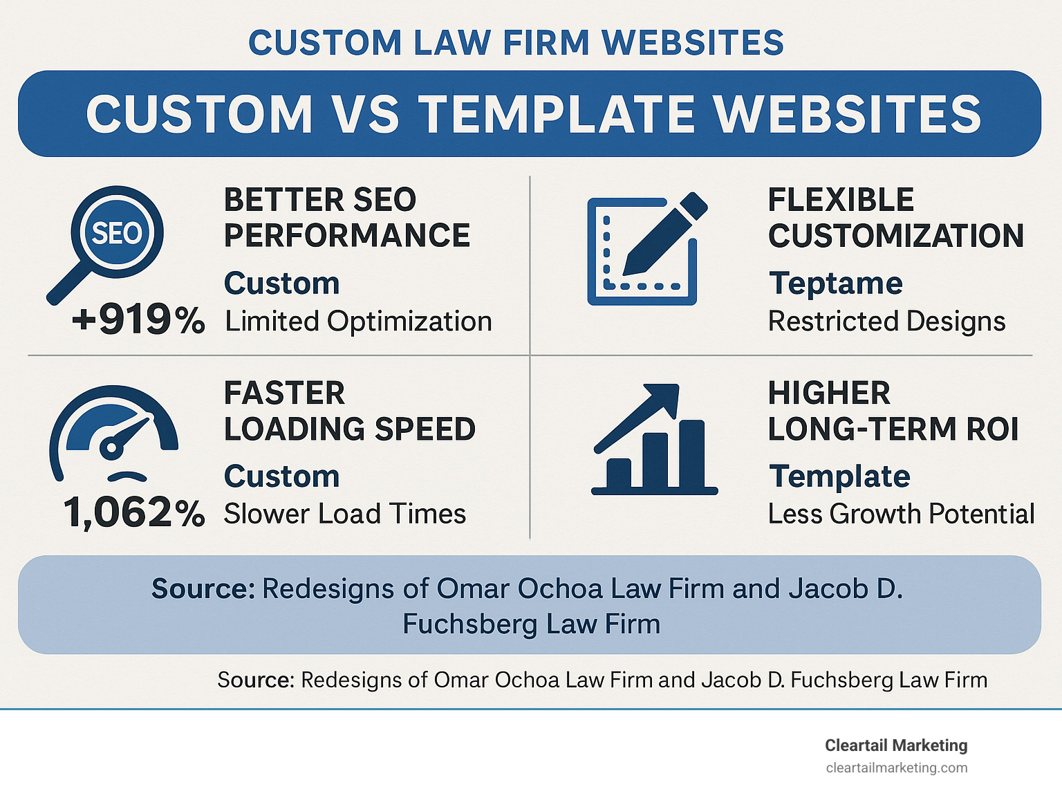 Infographic comparing custom vs template websites showing key differences in SEO performance, customization options, loading speeds, and long-term ROI with statistics from successful law firm redesigns - Custom law firm websites infographic 
