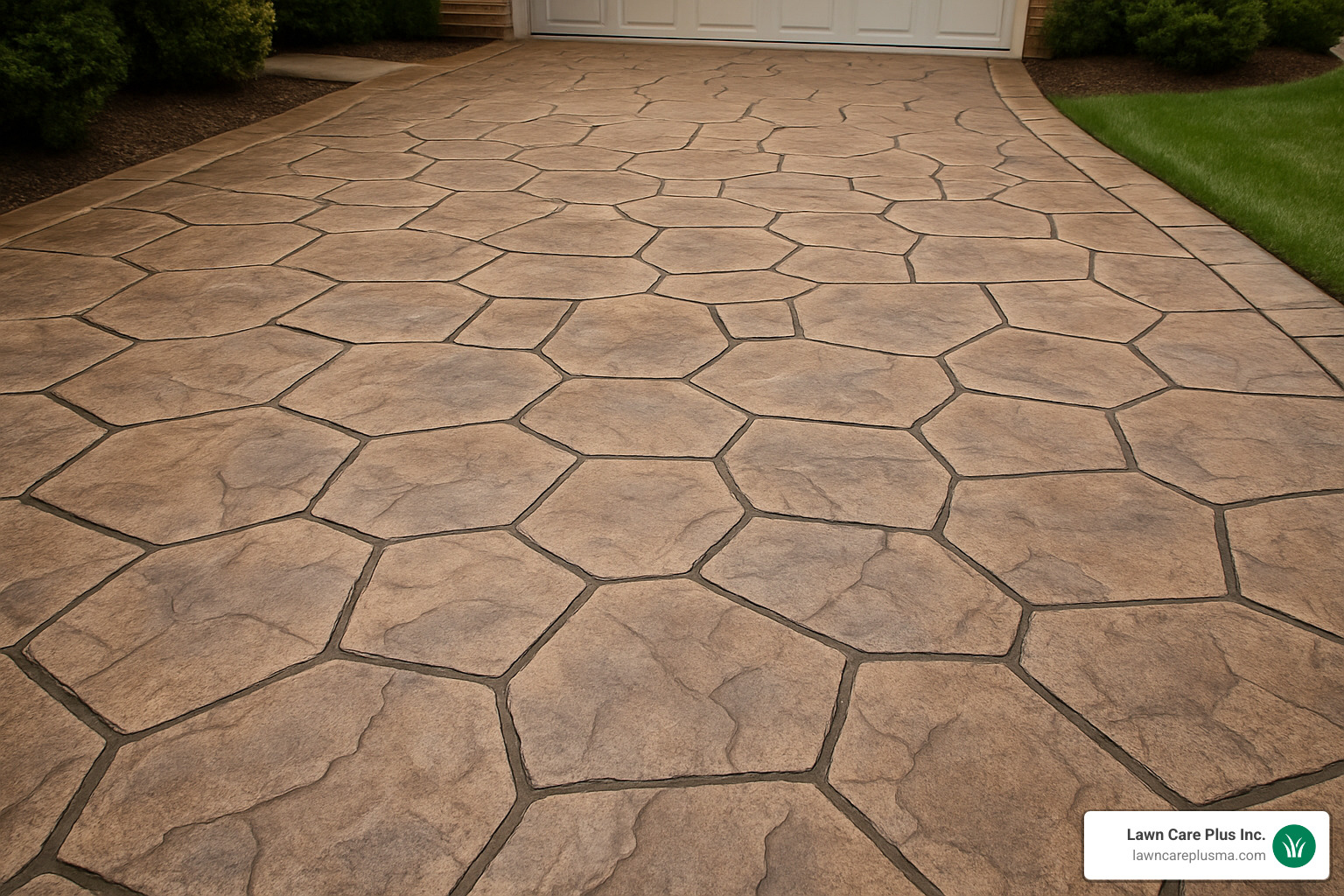 decorative stamped concrete driveway that mimics stone pavers - how much does a concrete driveway cost