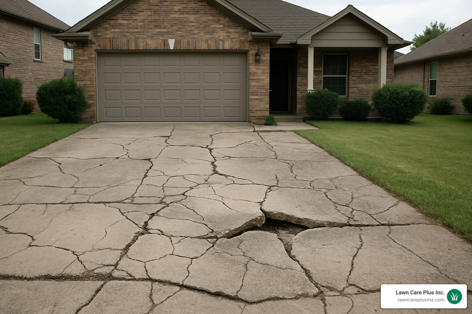 cracked and sinking driveway indicating the need for replacement - how much does a concrete driveway cost