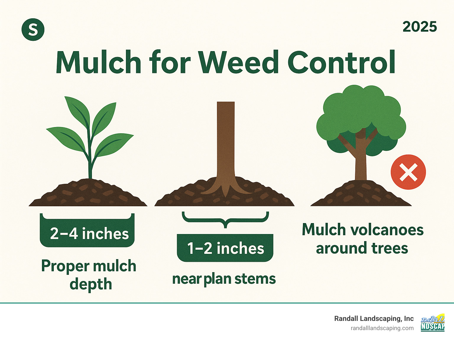 Infographic showing proper mulch depth: 2-4 inches for most plants, 1-2 inches near plant stems, and the dangers of mulch volcanoes around trees - Mulch for weed control infographic 