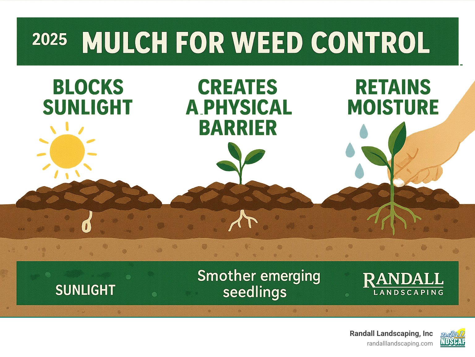 Infographic showing three ways mulch stops weeds: 1) Blocking sunlight from reaching weed seeds in soil, 2) Creating physical barrier that smothers emerging seedlings, 3) Retaining soil moisture that makes any breakthrough weeds easier to pull by hand - Mulch for weed control infographic 