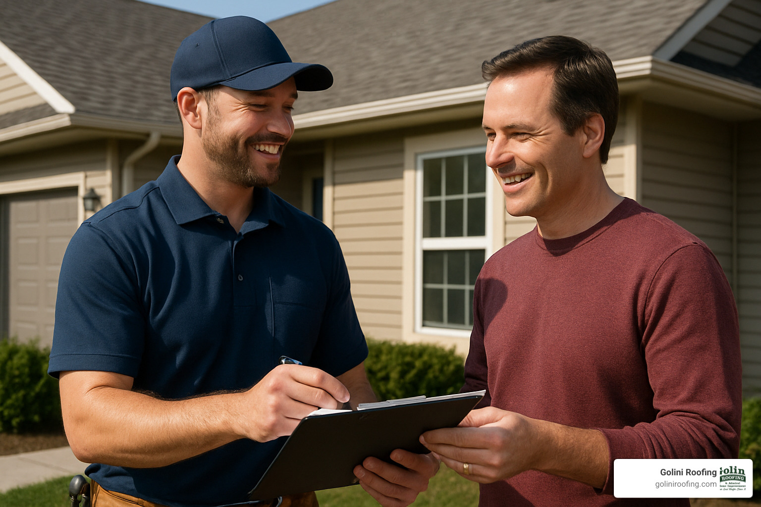 Friendly, professional roofer in uniform discussing a quote with a homeowner - Roof repair specialists near me