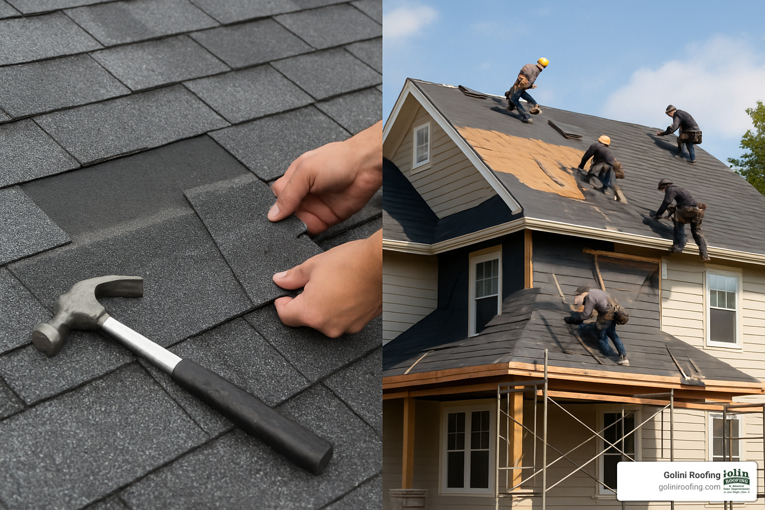 Side-by-side comparison of a small, localized roof repair versus a full roof replacement in progress - Roof repair specialists near me