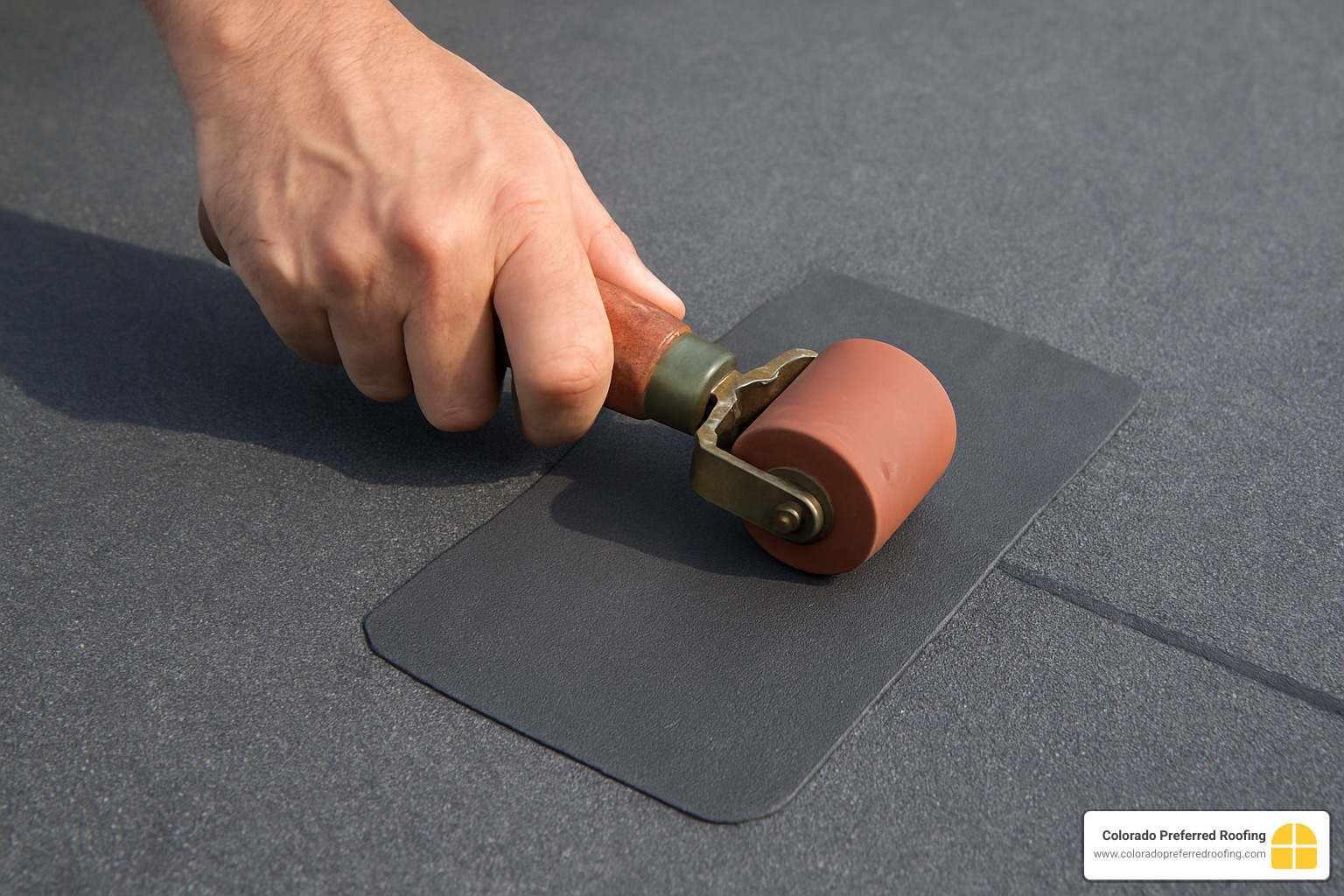 Close-up of a patch being applied with a seam roller - how to repair flat roof membrane