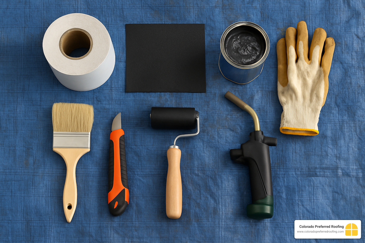 All necessary tools and materials laid out on a tarp - how to repair flat roof membrane