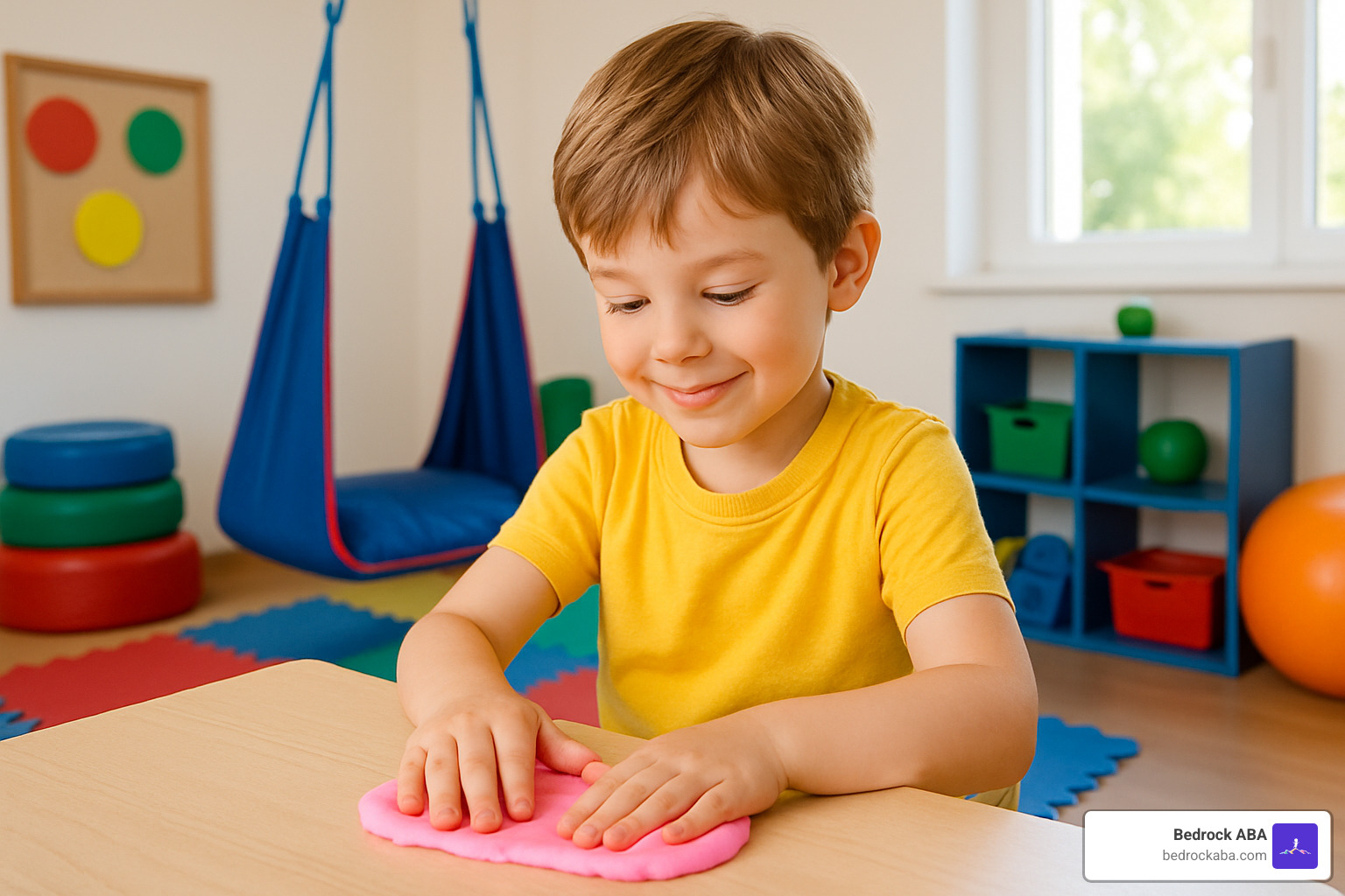 A child engaged in an occupational therapy activity like using therapy putty or a sensory swing - autism therapy