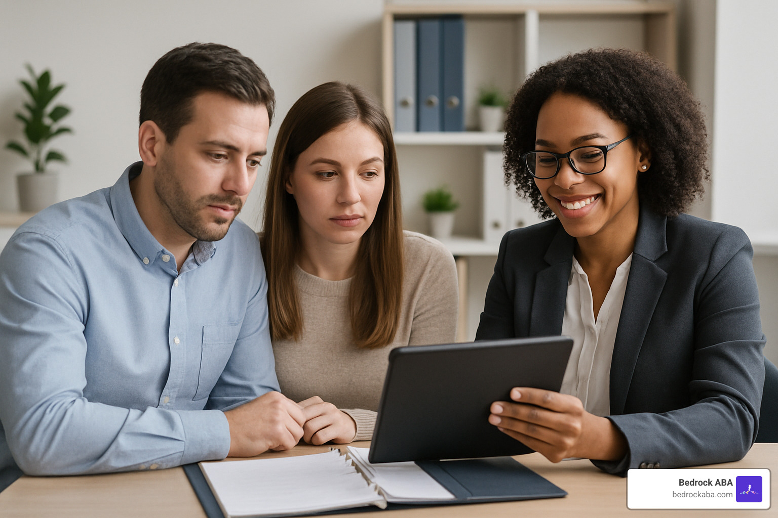Parents collaborating with a therapist, looking at a binder or tablet - autism therapy