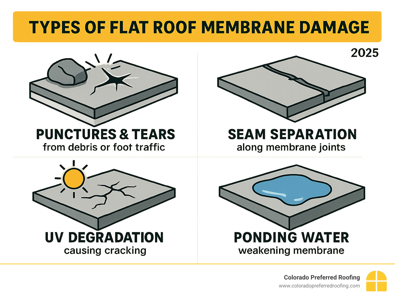 Infographic showing four types of flat roof membrane damage: punctures and tears from debris or foot traffic, seam separation along membrane joints, UV degradation causing surface cracking, and ponding water areas that weaken the membrane over time - how to repair flat roof membrane infographic