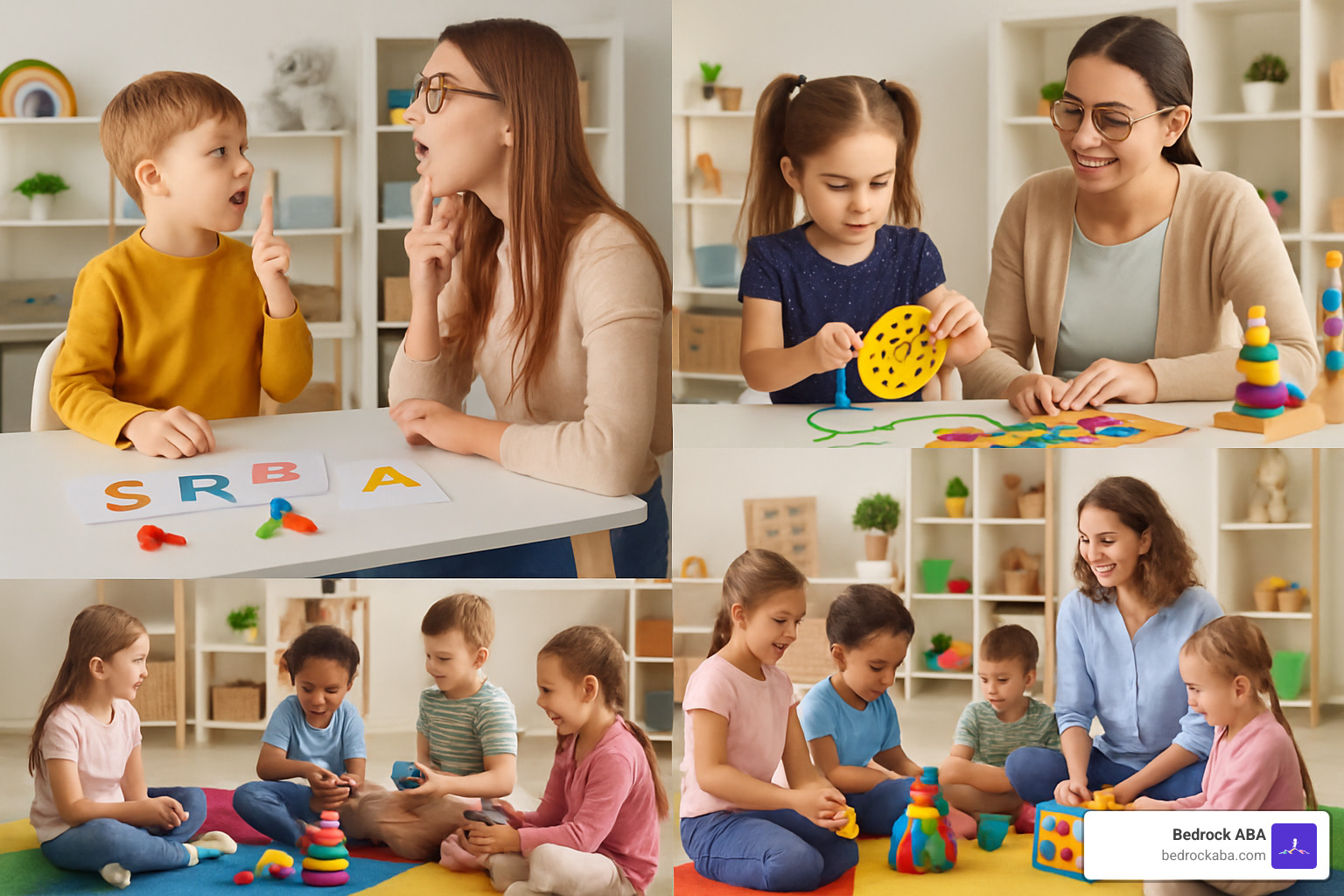 A collage showing different therapy settings: a child with a speech therapist, another with an occupational therapist, and a group play session - autism therapy